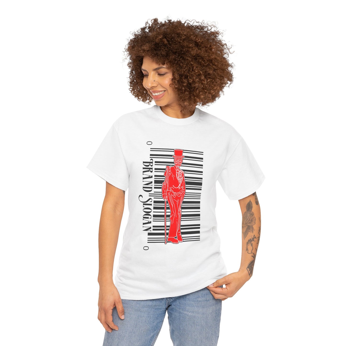 T-Shirt — Red Silhouette Gentleman with Barcode Graphic (Brand Slogan)