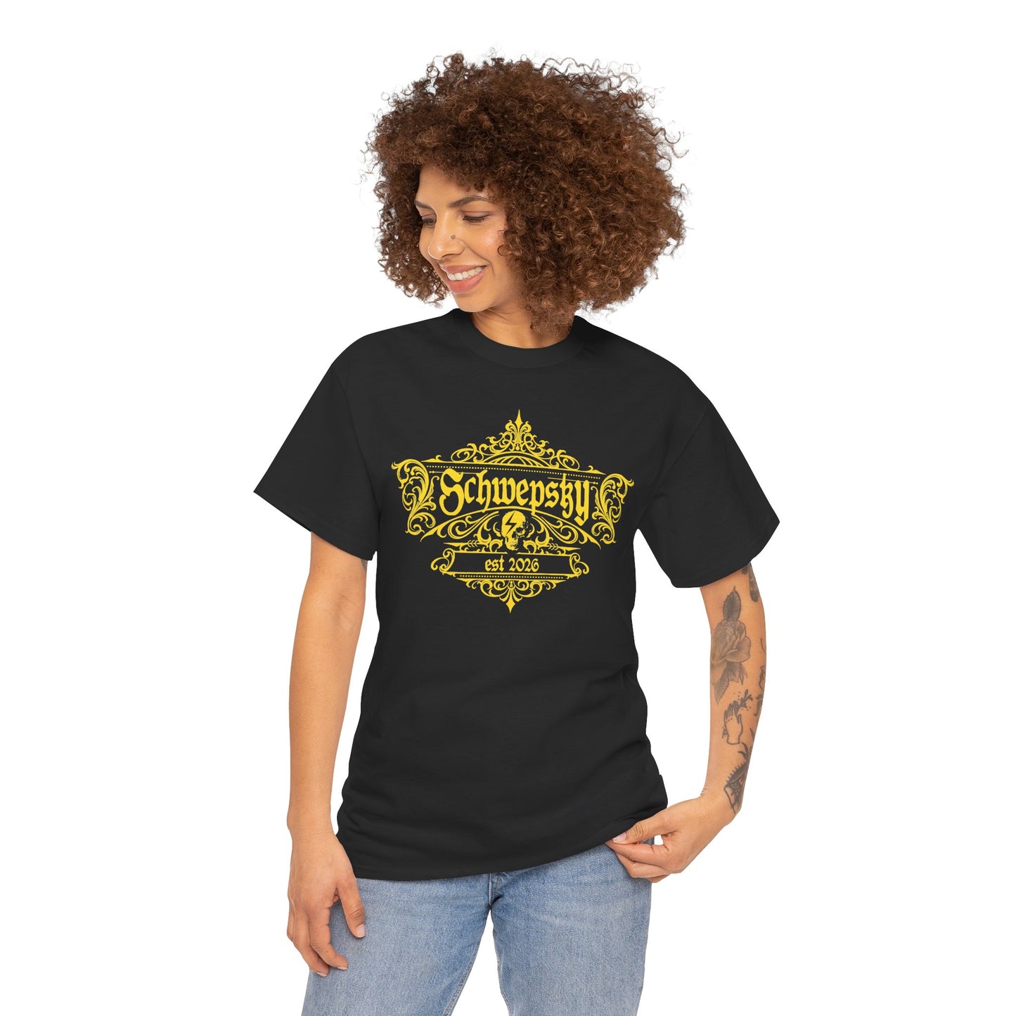 Schwepsky Logo T‑Shirt — Vintage Yellow Crest Graphic Tee