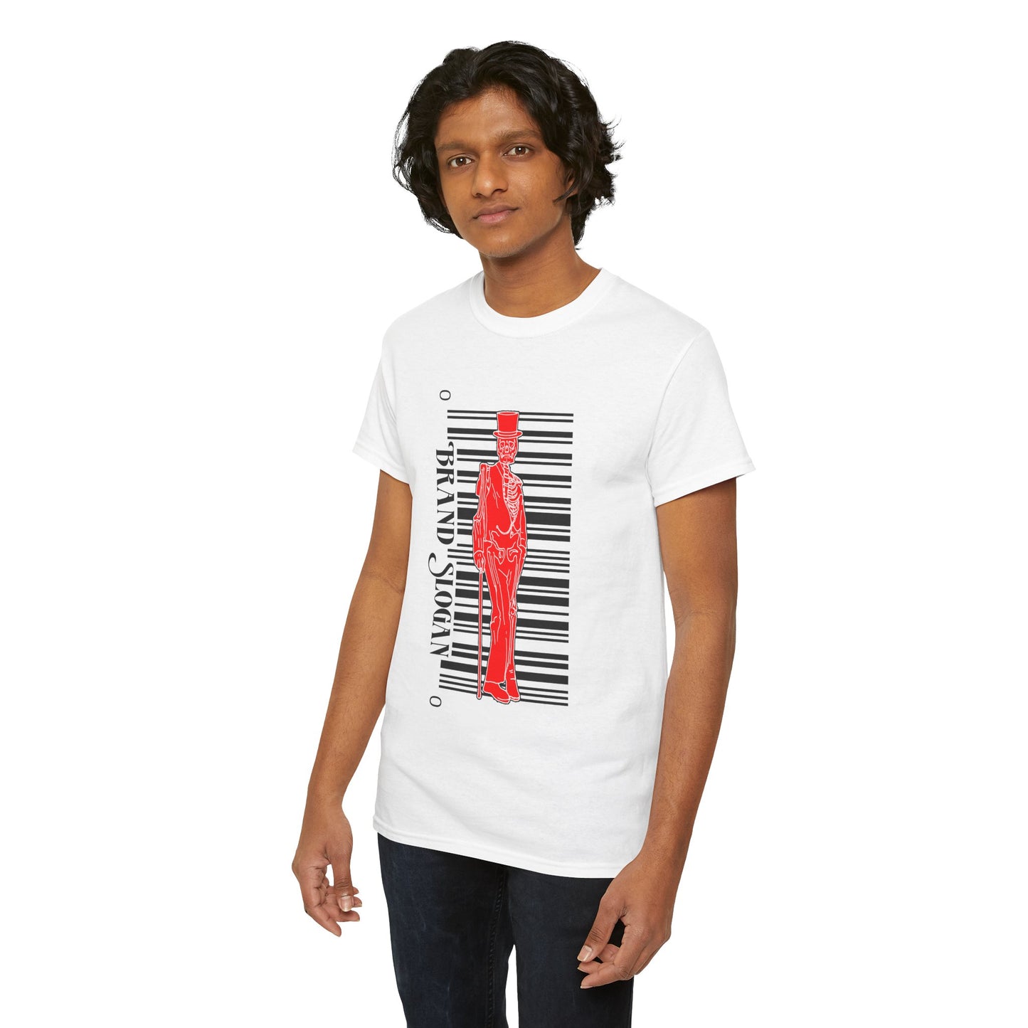 T-Shirt — Red Silhouette Gentleman with Barcode Graphic (Brand Slogan)