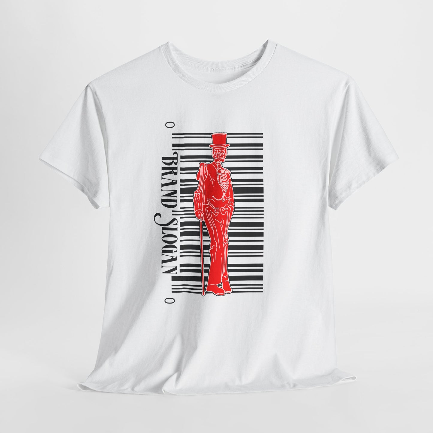 T-Shirt — Red Silhouette Gentleman with Barcode Graphic (Brand Slogan)