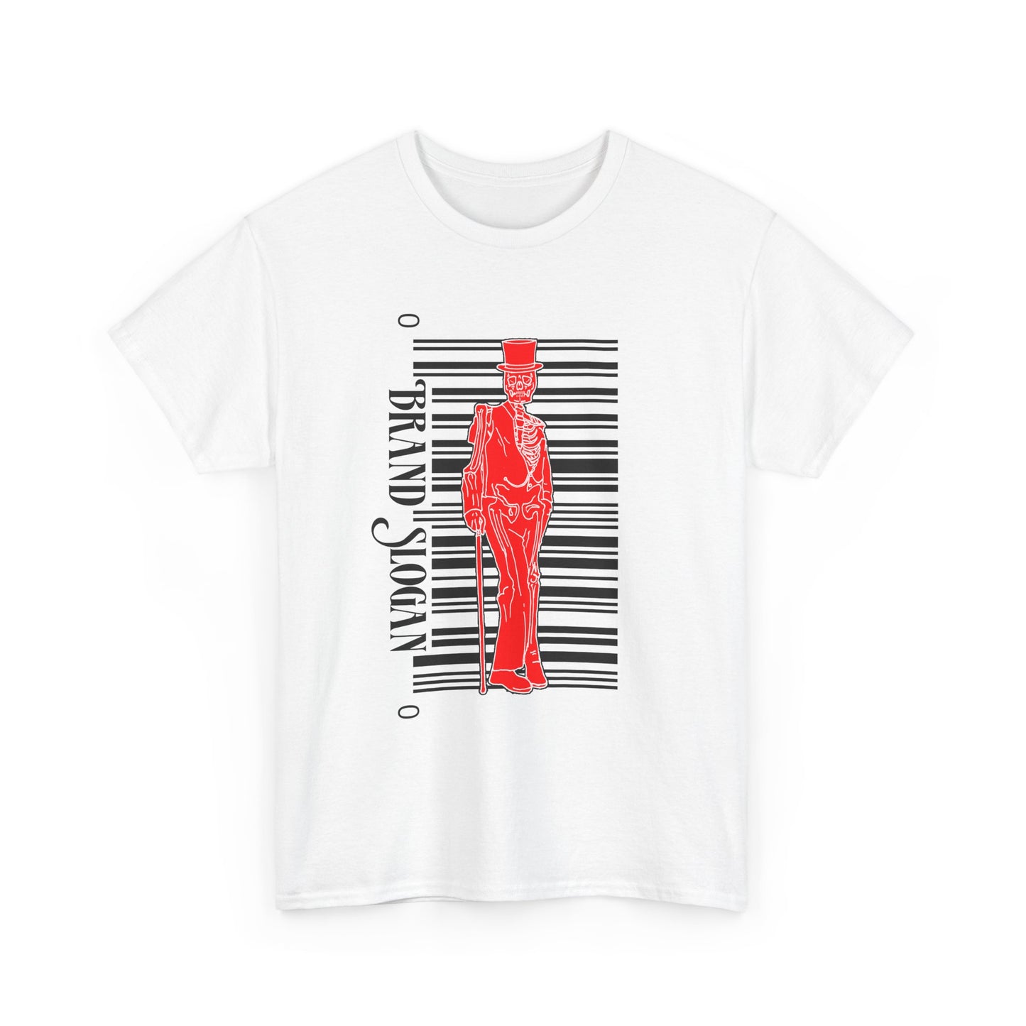 T-Shirt — Red Silhouette Gentleman with Barcode Graphic (Brand Slogan)