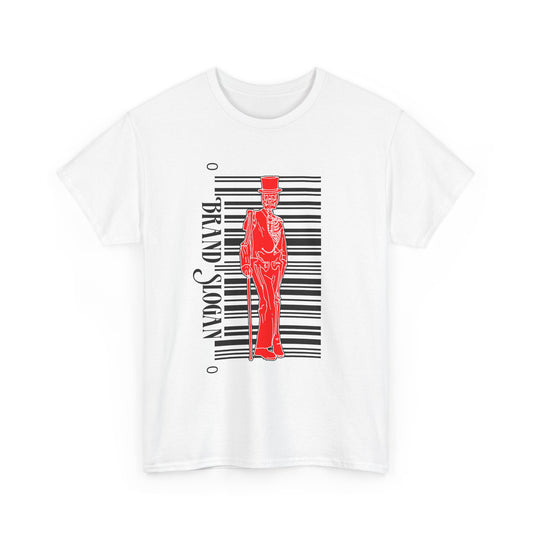 T-Shirt — Red Silhouette Gentleman with Barcode Graphic (Brand Slogan)