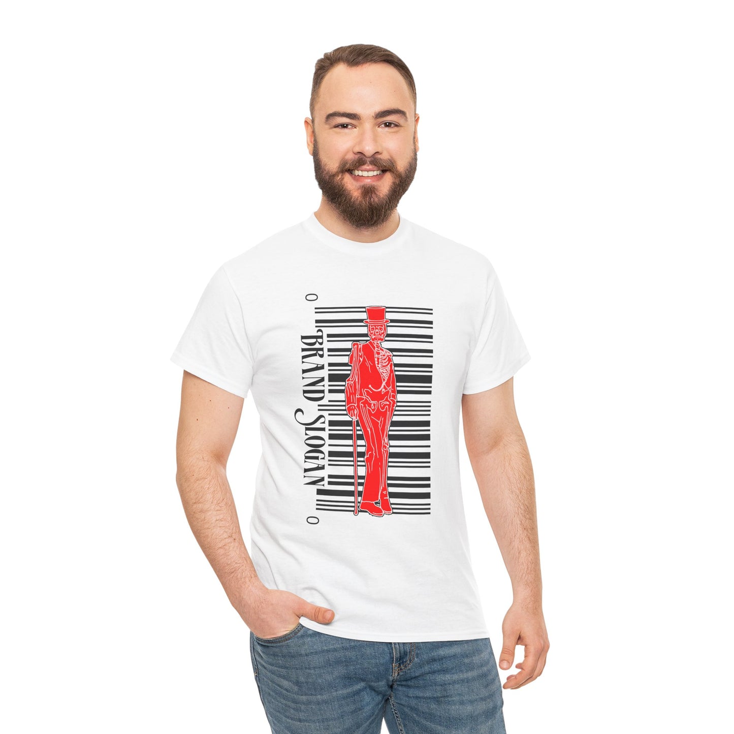 T-Shirt — Red Silhouette Gentleman with Barcode Graphic (Brand Slogan)