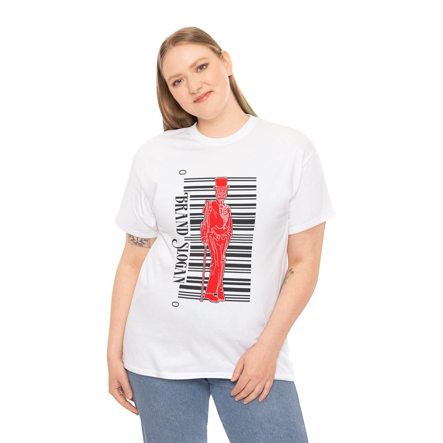 T-Shirt — Red Silhouette Gentleman with Barcode Graphic (Brand Slogan)