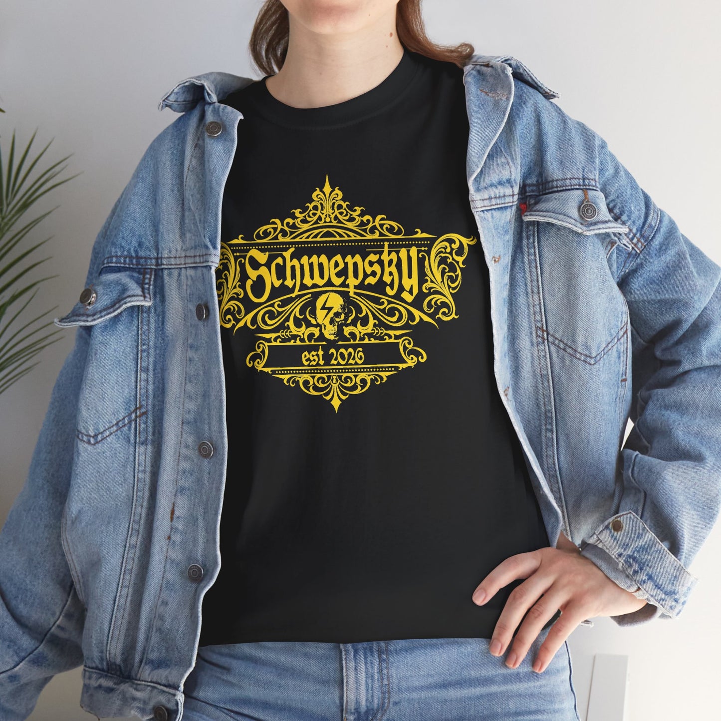 Schwepsky Logo T‑Shirt — Vintage Yellow Crest Graphic Tee